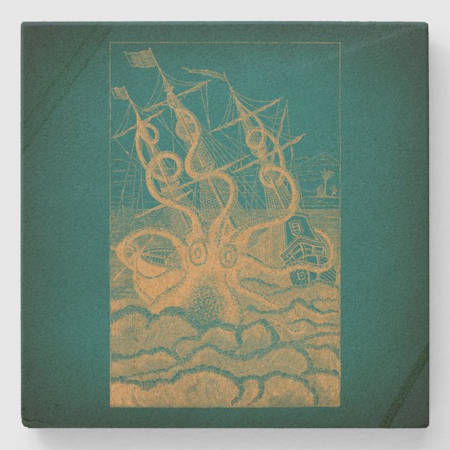 Giant Octopus Attacking Ship Teal Antique Kraken Stone Coaster (Front)