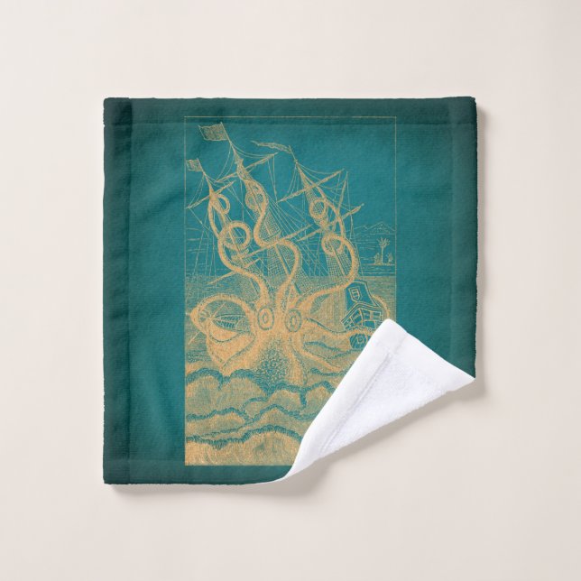 Giant Octopus Attacking Ship Teal Antique Kraken Wash Cloth (Wash Cloth)
