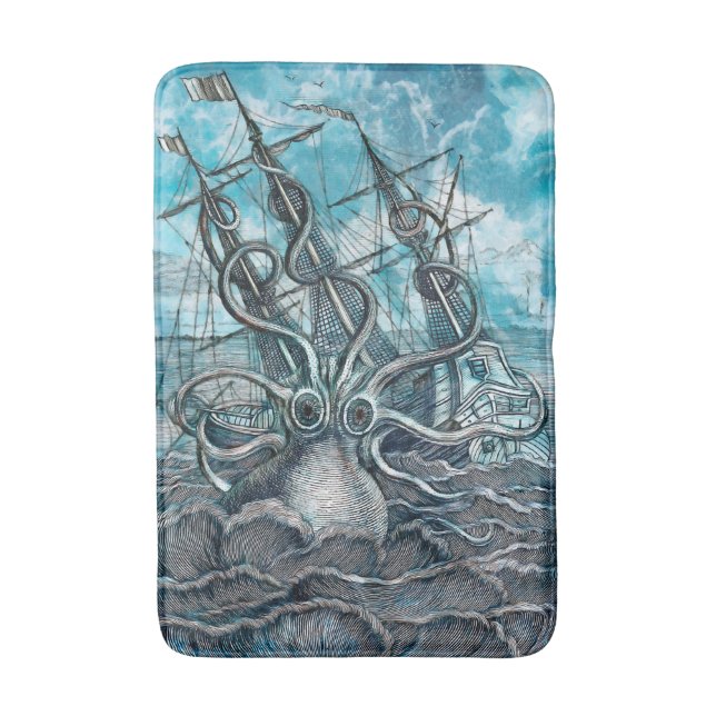Giant Octopus Blue Sea Monster Sailboat Bath Mat (Front Vertical)