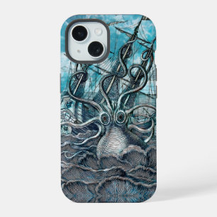 Giant Octopus Blue Sea Monster Sailboat  iPhone 15 Case