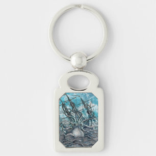 Giant Octopus Blue Sea Monster Sailboat  Keychain
