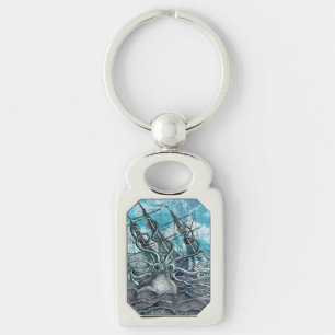 Giant Octopus Blue Sea Monster Sailboat  Keychain