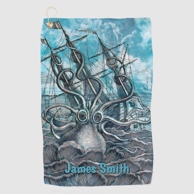 Giant Octopus Blue Sea Monster Sailboat Monogram Golf Towel (Front)