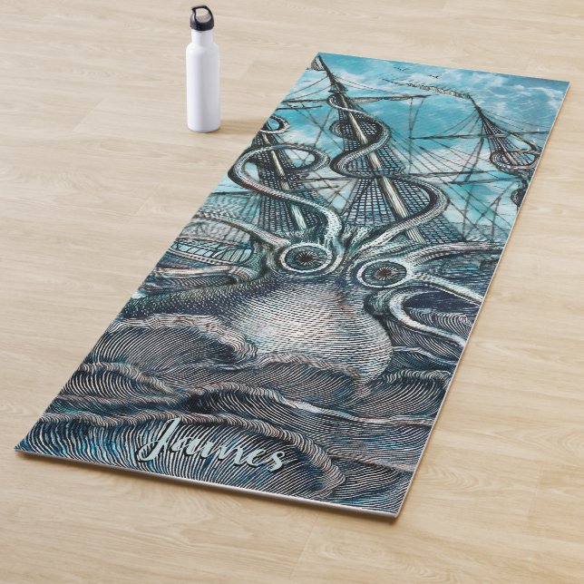 Giant Octopus Blue Sea Monster Sailboat Monogram Yoga Mat (In Situ)