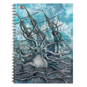 Giant Octopus Blue Sea Monster Sailboat Notebook
