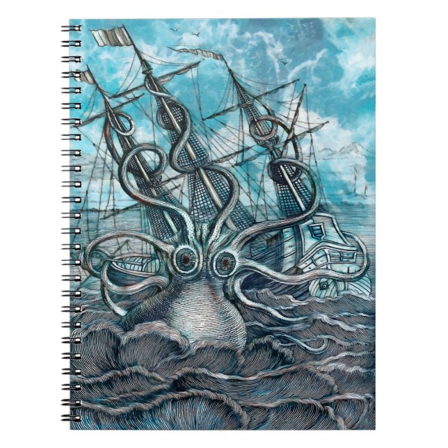 Giant Octopus Blue Sea Monster Sailboat Notebook (Front)