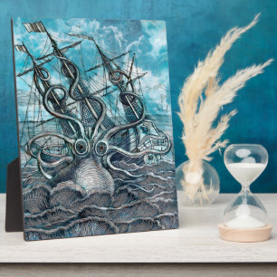 Giant Octopus Blue Sea Monster Sailboat  Plaque