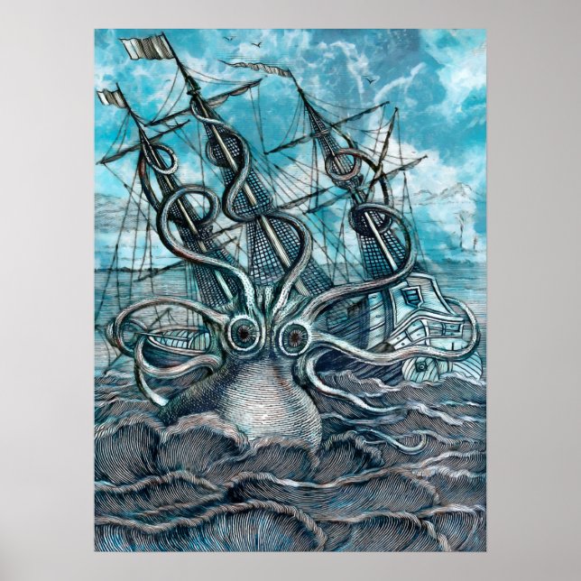 Giant Octopus Blue Sea Monster Sailboat Poster (Front)