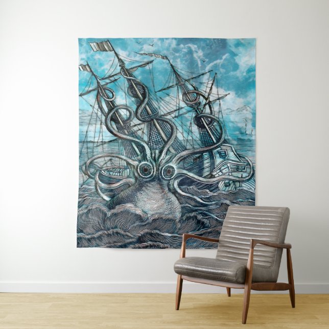 Giant Octopus Blue Sea Monster Sailboat Tapestry (In Situ)