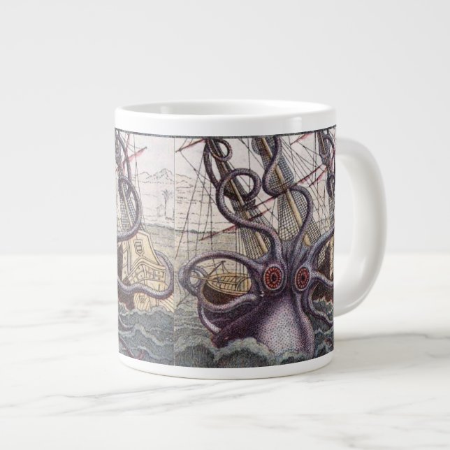 Giant Octopus & Capsizing Boat Bone China Large Coffee Mug (Front Right)