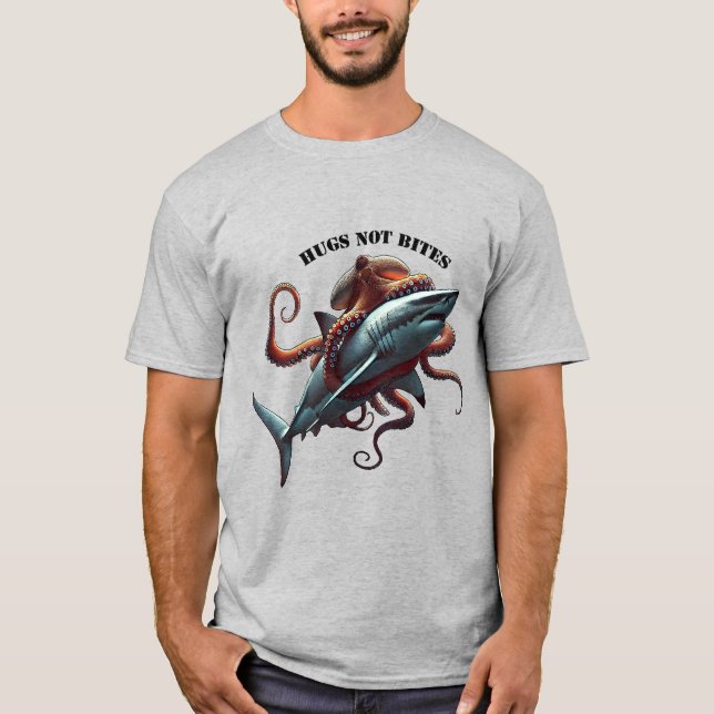 Giant Octopus Hugging a Huge Great White Shark URM T-Shirt (Front)