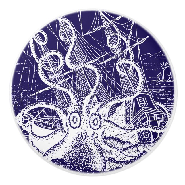 Giant Octopus Kraken Attack navy blue Ceramic Knob (Front)