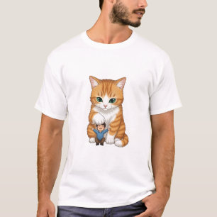 Giant Orange Tabby Cat Gently Patting Tiny Happy T-Shirt
