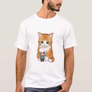 Giant Orange Tabby Cat Gently Patting Tiny Happy T-Shirt