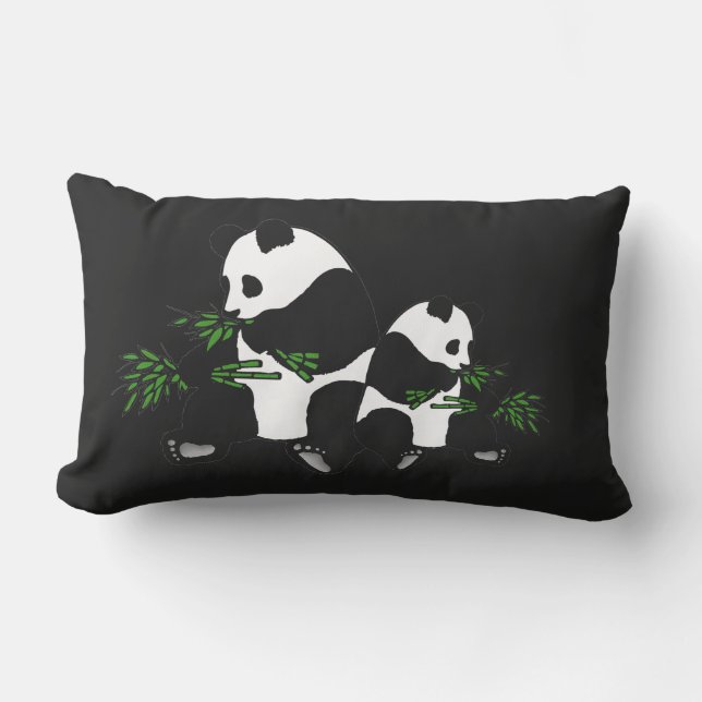 Giant Panda Eats Bamboo Black Lumbar Pillow (Front)