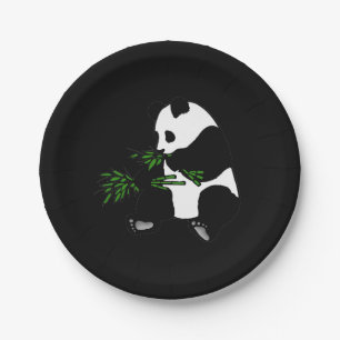 Giant Panda Eats Bamboo Black Paper Plate