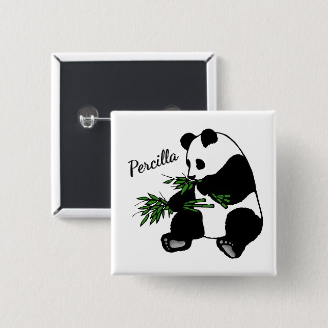 Giant Panda Eats Bamboo Name   2 Inch Square Button (Front & Back)