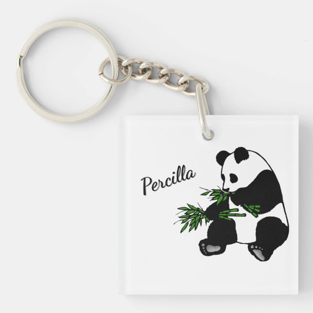 Giant Panda Eats Bamboo Name   Keychain (Front)