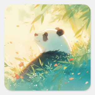 Giant Panda Gazing at Sunlit Bamboo Forest Square Sticker
