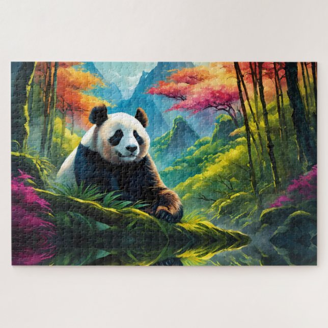 Giant Panda in colourful Bamboo Forest on Mountain Jigsaw Puzzle (Horizontal)