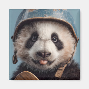 Giant Panda Portrait with Vintage Blue Helmet Magnet