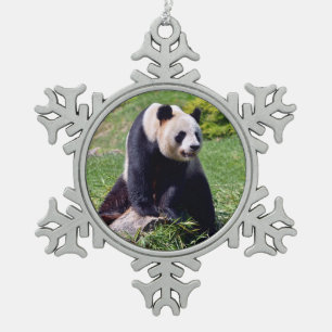 Giant panda sitting on a stone   snowflake pewter christmas ornament