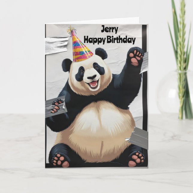 Giant panda sitting up wearing birthday hat card (Front)