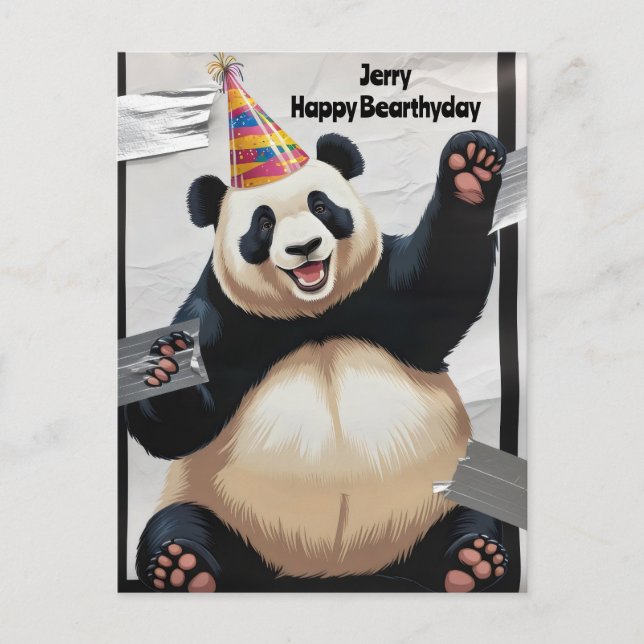 Giant panda sitting up wearing birthday hat postcard (Front)