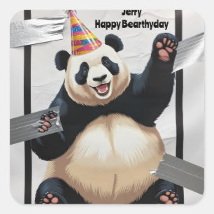 Giant panda sitting up wearing birthday hat square sticker