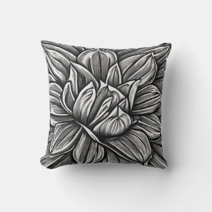 Giant Peony Flower Pattern in Black and White Throw Pillow