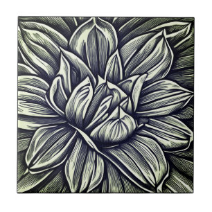 Giant Peony Flower Pattern in Black and White Tile