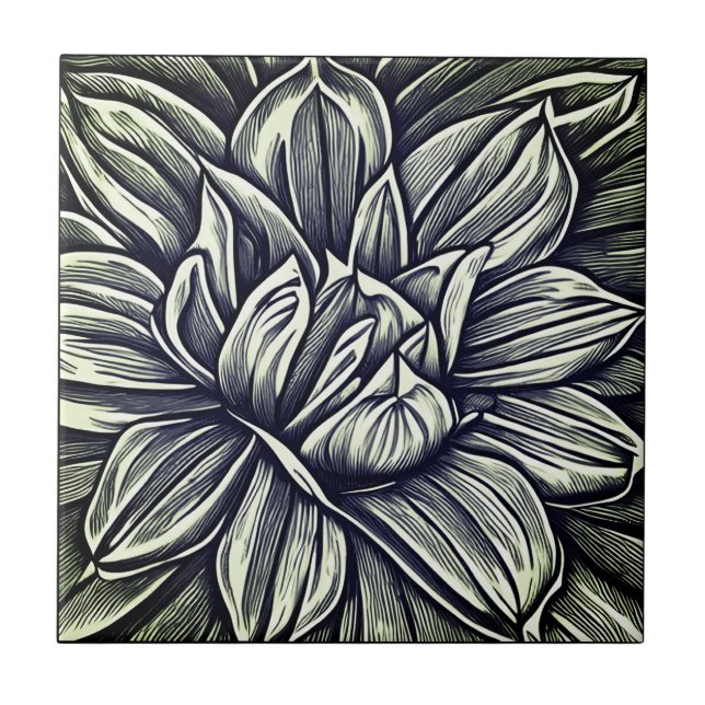 Giant Peony Flower Pattern in Black and White Tile (Front)