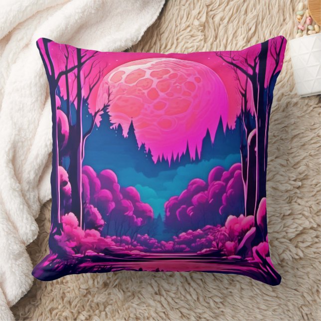 Giant Pink Moon Art Throw Pillow (Blanket)