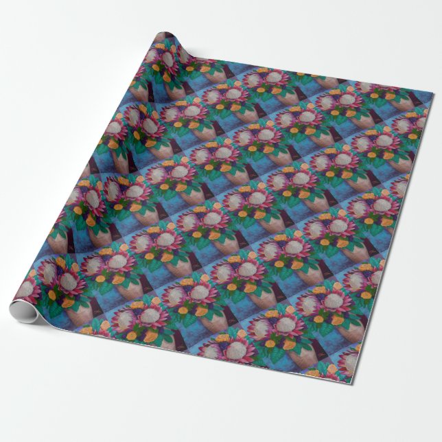 Giant Proteas and Orange Roses Wrapping Paper (Unrolled)
