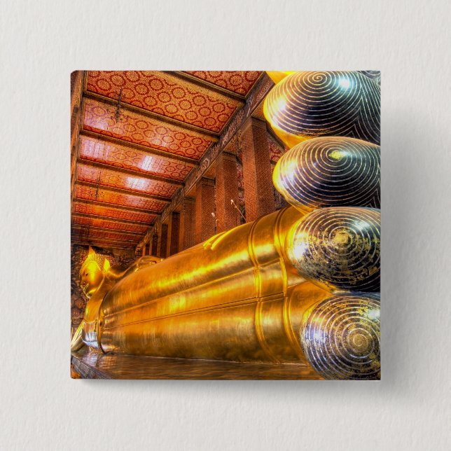 Giant reclining Buddha inside temple, Wat Pho, 2 Inch Square Button (Front)