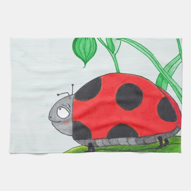 Giant red ladybug on a leaf kitchen towel (Horizontal)