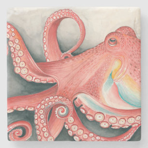 Giant Red Pacific Octopus Watercolor Art Stone Coaster