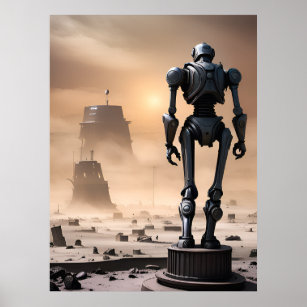 Giant Robot Statue in Isolated Wasteland AI  Poster