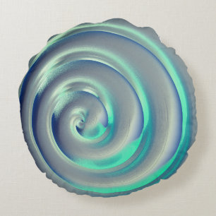 Giant silver and aquamarine spiral over blue round pillow