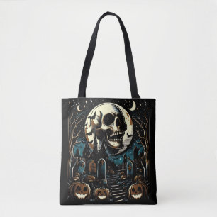 Giant Skull Moon Graveyard Scary Pumpkin Halloween Tote Bag