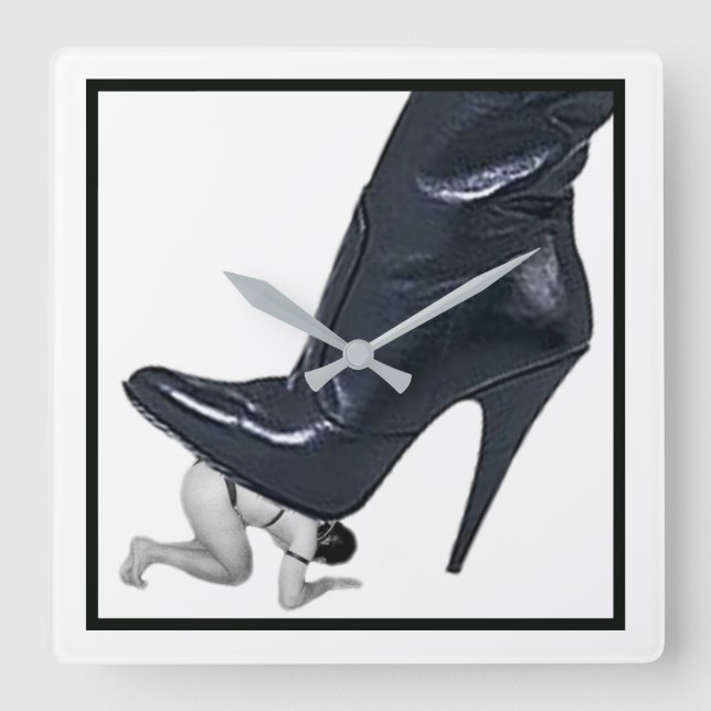 Giant Stiletto Boot Stepping on a slave Square Wall Clock (Front)