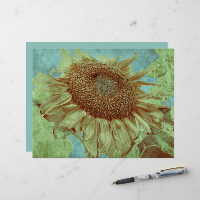 Giant Sunflower Teal Yellow Green Antique Vintage (Front/Back In Situ)