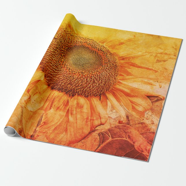Giant Sunflower Yellow Vintage Grunge Decoupage Wrapping Paper (Unrolled)