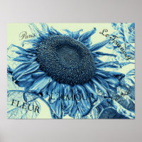 Giant Sunflowers Vintage Art Blue Green Script