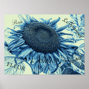 Giant Sunflowers Vintage Art Blue Green Script Poster
