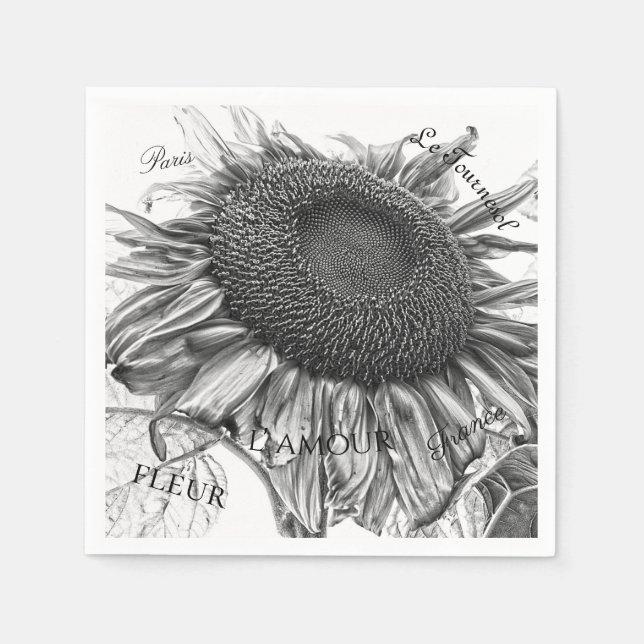 Giant Sunflowers Vintage Black And White Script Napkin (Front)
