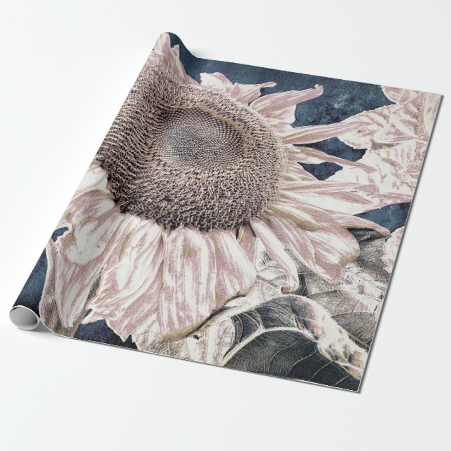 Giant Sunflowers Vintage Grey Sepia Decoupage Wrapping Paper (Unrolled)