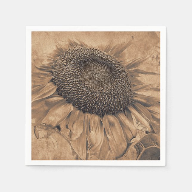 Giant Sunflowers Vintage Sepia Brown Decoupage Art Napkin (Front)