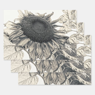Giant Sunflowers Vintage Sepia Decoupage Art Wrapping Paper Sheet