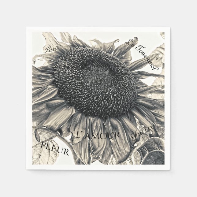 Giant Sunflowers Vintage Sepia Decoupage Script Napkin (Front)